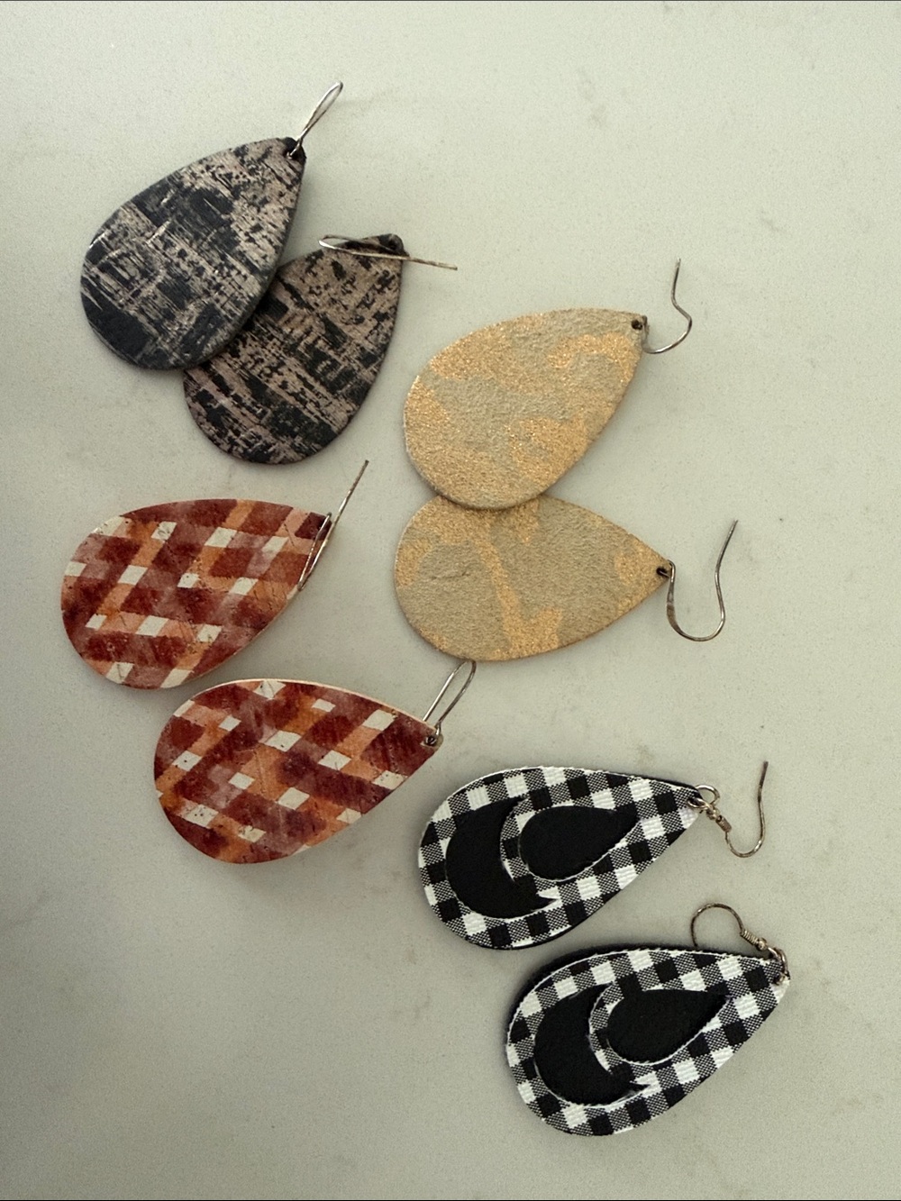 Assorted Plaid & Metallic Teardrop Leather Earrings - Black, Tan, Gold, Rust